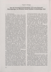 Dokument Hat die Fremdsprachendidaktik noch eine Zukunft? Überlegungen zur Struktur eines Faches in schwieriger Zeit