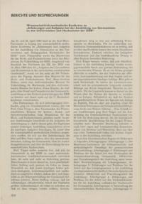 Dokument Wissenschaftlich-methodische Konferenz zu „Erfahrungen und Aufgaben bei der Ausbildung von Germanisten an den Universitäten und Hochschulen der DDR“