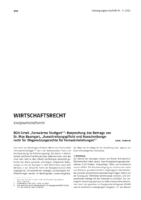 Dokument BGH-Urteil „Fernwärme Stuttgart“: Besprechung des Beitrags von Dr. Max Baumgart, „Ausschreibungspflicht und Ausschreibungsrecht für Wegenutzungsrechte für Fernwärmeleitungen“
