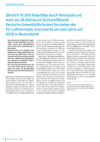 Dokument Jährlich 70.000 Todesfälle durch Feinstaub und mehr als 28.000 durch Stickstoffdioxid: Deutsche Umwelthilfe fordert Vorziehen der EU-Luftreinhalte-Grenzwerte um zwei Jahre auf 2028 in Deutschland