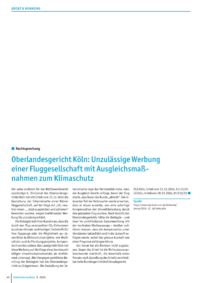 Dokument Oberlandesgericht Köln: Unzulässige Werbung einer Fluggesellschaft mit Ausgleichsmaßnahmen zum Klimaschutz