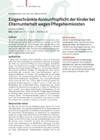 Dokument Eingeschränkte Auskunftspflicht der Kinder bei Elternunterhalt wegen Pflegeheimkosten