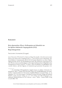 Dokument Kein  abgestandenes Wasser : Zu Rezeption und Aktualität von Leo Spitzers  Italienische Umgangssprache  (1922) – Besprechungsaufsatz 
Elwys De Stefani/Anja Stukenbrock (Hg. / a cura di):  Hundert Jahre  Italienische Umgangssprache:  Leo Spitzer im Gespräch/Conversazioni con Leo Spitzer: a cento anni dalla pubblicazione della  Italienische Umgangssprache