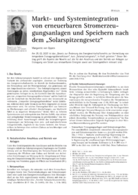 Dokument Markt- und Systemintegration von erneuerbaren Stromerzeugungsanlagen und Speichern nach dem „Solarspitzengesetz“