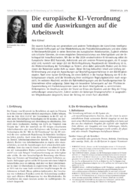 Dokument Die europäische KI-Verordnung und die Auswirkungen auf die Arbeitswelt