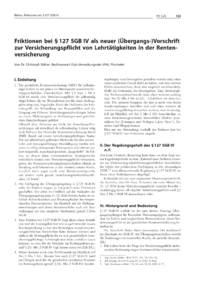 Dokument Friktionen bei § 127 SGB IV als neuer (Übergangs-)Vorschrift zur Versicherungspflicht von Lehrtätigkeiten in der Rentenversicherung