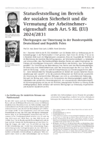 Dokument Statusfeststellung im Bereich der sozialen Sicherheit und die Vermutung der Arbeitnehmereigenschaft nach Art. 5 RL (EU) 2024/2831
