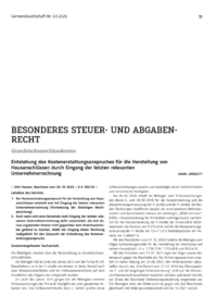 Dokument Entstehung des Kostenerstattungsanspruches f&uuml;r die Herstellung von Hausanschl&uuml;ssen durch Eingang der letzten relevanten Unternehmerrechnung