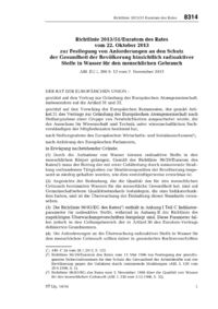 Dokument Richtlinie 2013/51/Euratom des Rates vom 22. Oktober 2013 zur Festlegung von Anforderungen an den Schutz der Gesundheit der Bev&ouml;lkerung hinsichtlich radioaktiver Stoffe in Wasser f&uuml;r den menschlichen Gebrauch