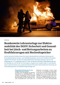 Dokument Bundesweite Lehrunterlage zur Elektromobilit&auml;t der DGUV: Sicherheit und Gesundheit bei L&ouml;sch- und Rettungsarbeiten an Kraftfahrzeugen mit Hochvoltspeicher