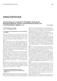 Dokument Vorsteuerabzug und unentgeltliche Wertabgabe; &Auml;nderung des Nutzungsverh&auml;ltnisses zwischen unternehmerischem Bereich und nichtwirtschaftlicher T&auml;tigkeit i. e. S.