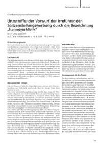 Dokument Unzutreffender Vorwurf der irref&uuml;hrenden Spitzenstellungswerbung durch die Bezeichnung &bdquo;hannoverklinik&ldquo;