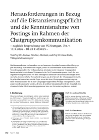 Dokument Herausforderungen in Bezug auf die Distanzierungspflicht und die Kenntnisnahme von Postings im Rahmen der Chatgruppenkommunikation