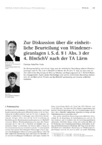 Dokument Zur Diskussion &uuml;ber die einheitliche Beurteilung von Windenergieanlagen i. S. d. &sect; 1 Abs. 3 der 4. BImSchV nach der TA L&auml;rm