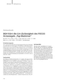 Dokument BGH kl&auml;rt die (Un-)Zul&auml;ssigkeit des FOCUS-&Auml;rztesiegels &bdquo;Top-Mediziner&ldquo;