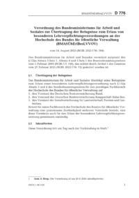 Dokument Verordnung des Bundesministeriums f&uuml;r Arbeit und Soziales zur &Uuml;bertragung der Befugnisse zum Erlass von besonderen Lehrverpflichtungsverordnungen an der Hochschule des Bundes f&uuml;r &ouml;ffentliche Verwaltung (BMAS&Uuml;bErlBesLVVOV)